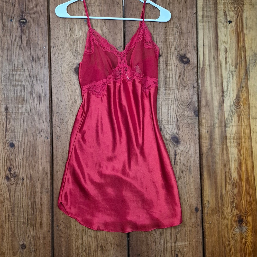 Vintage Victoria's Secret Gold Label Red Satin Lace Trim Slip Dress Small
